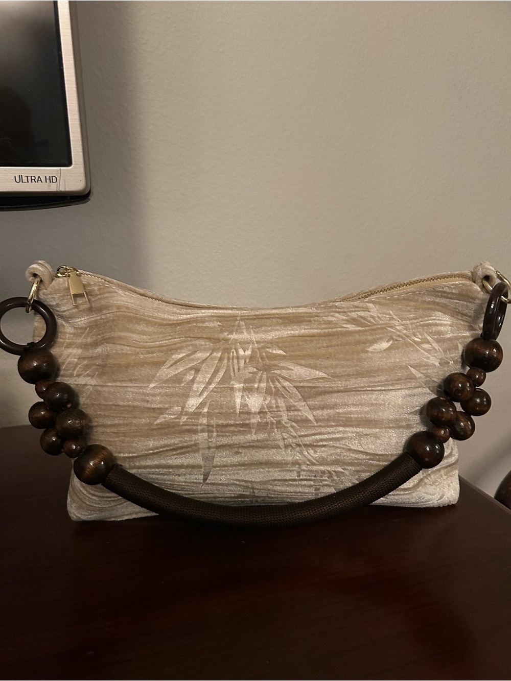 Beige Textured Bamboo Print Shoulder Bag with Wooden Bead Handle